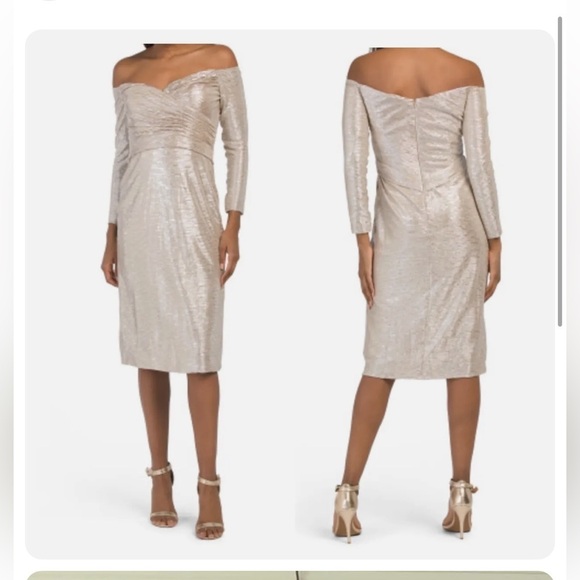 Rene Ruiz Dresses & Skirts - Rene Ruiz NWT Draped Cocktail 3/4 SLV Champagne Metallic Off Shoulder Dress SZ10